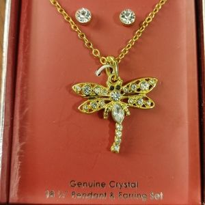Genuine crystal dragonfly necklace & earrings